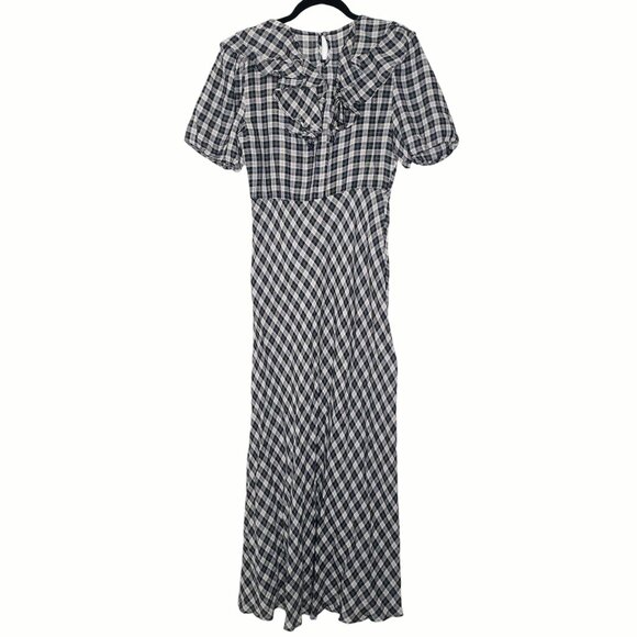 Doen Gwyneira Navy Countryside Plaid Ruffle‎ Cotton Midi Dress Size L - Picture 7 of 9